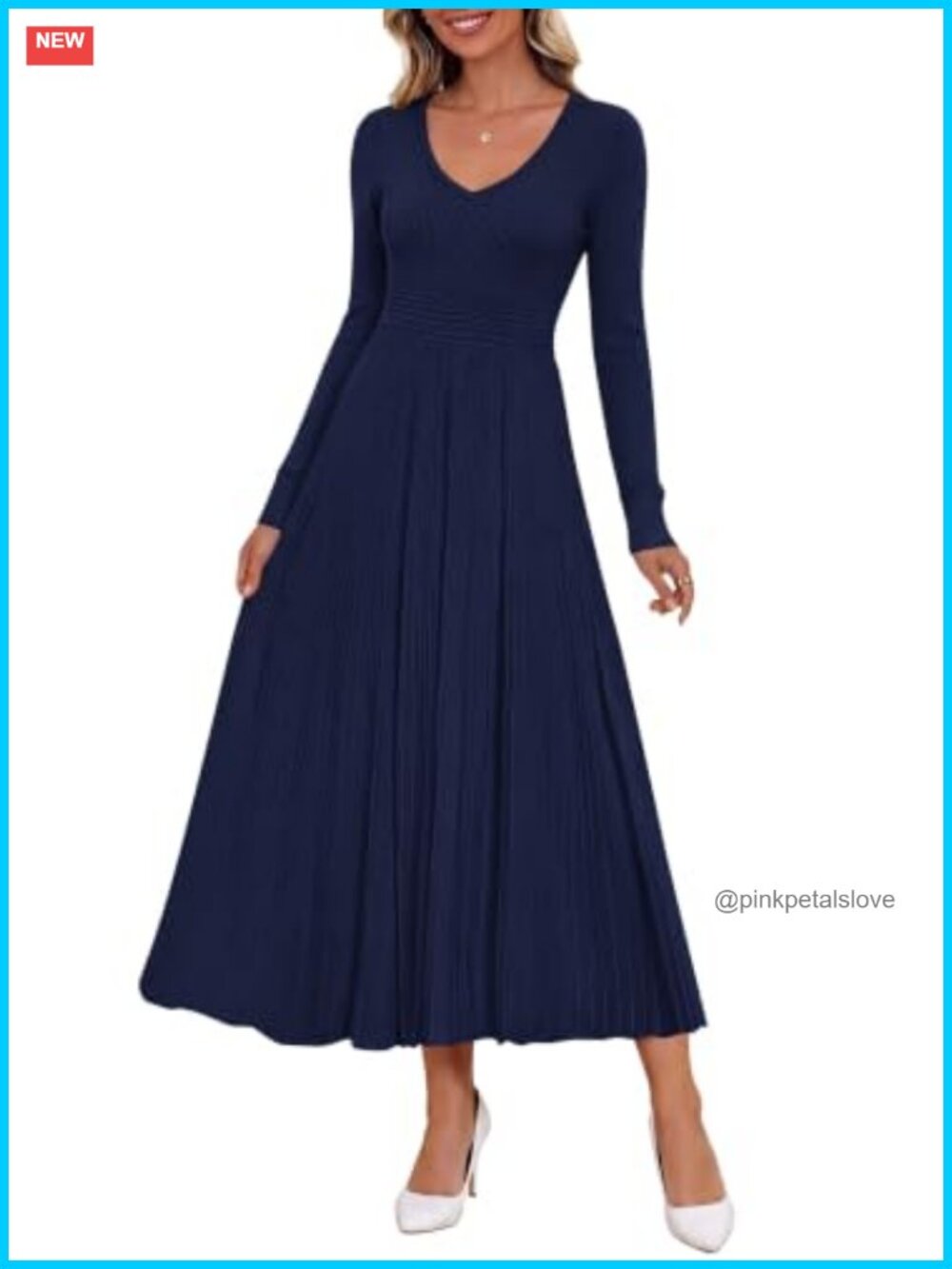 Pleated Midi Sweater Dress V-Neck Long Sleeve A-Line Ribbed Knit